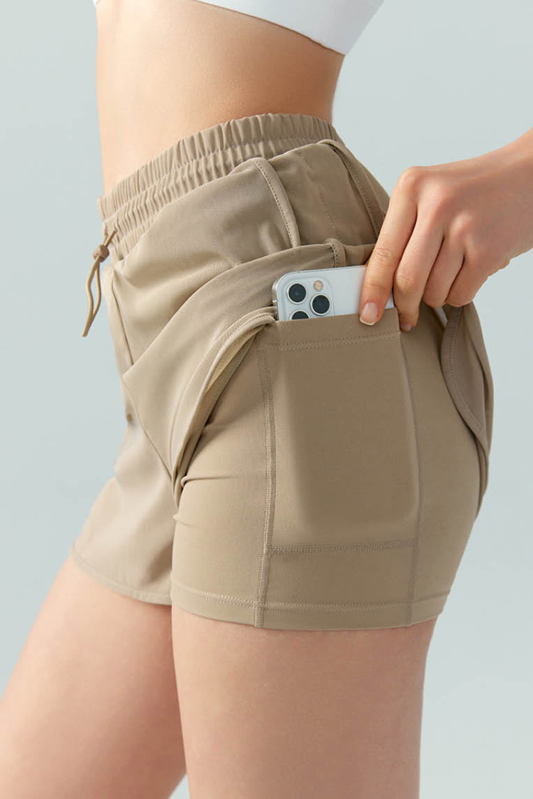 抽绳收腹网纱假两件短裤