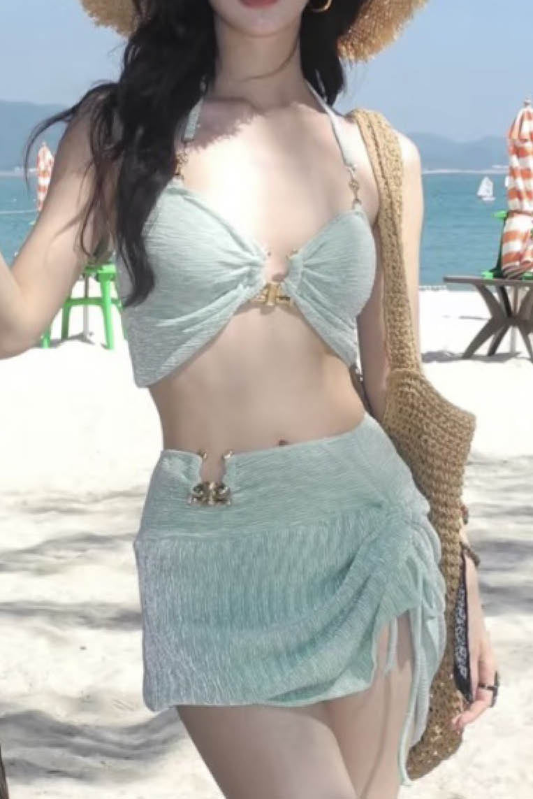 薄荷绿丝绒比基尼三件套