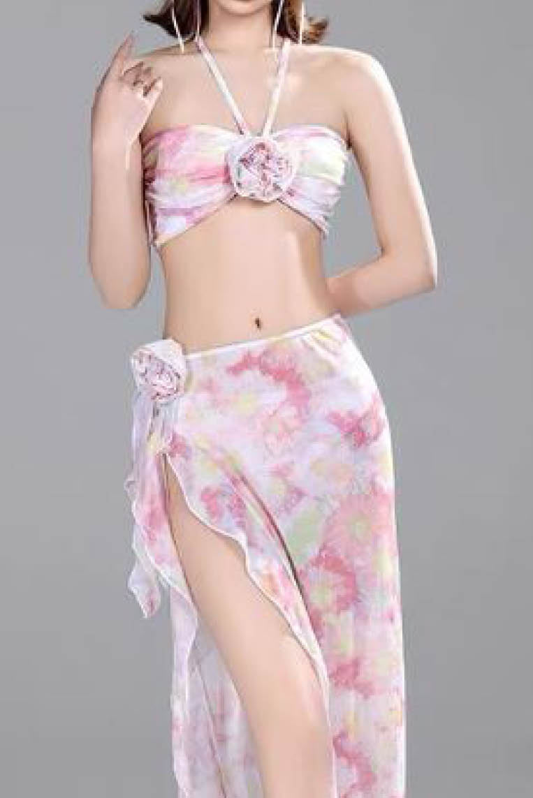 粉色泰式碎花长裙三件套bikini