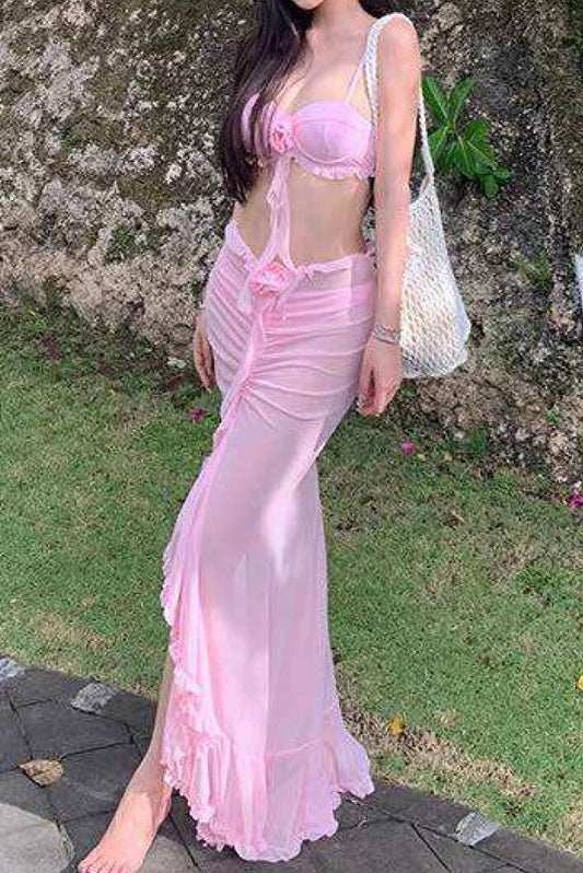 粉系钢托比基尼长裙三件套