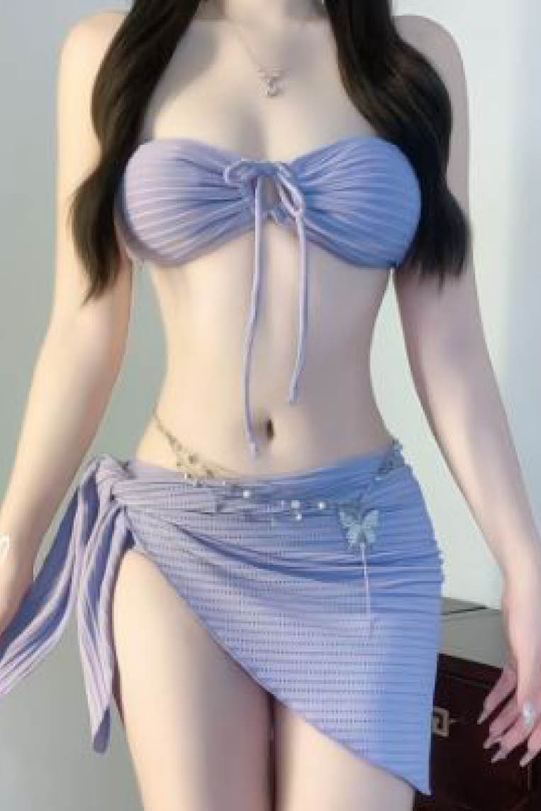 薰衣草系抹胸比基尼三件套