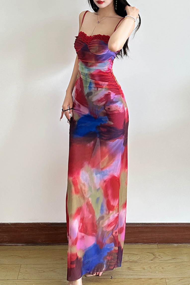 晕染lace吊带修身连衣裙 (无胸垫)