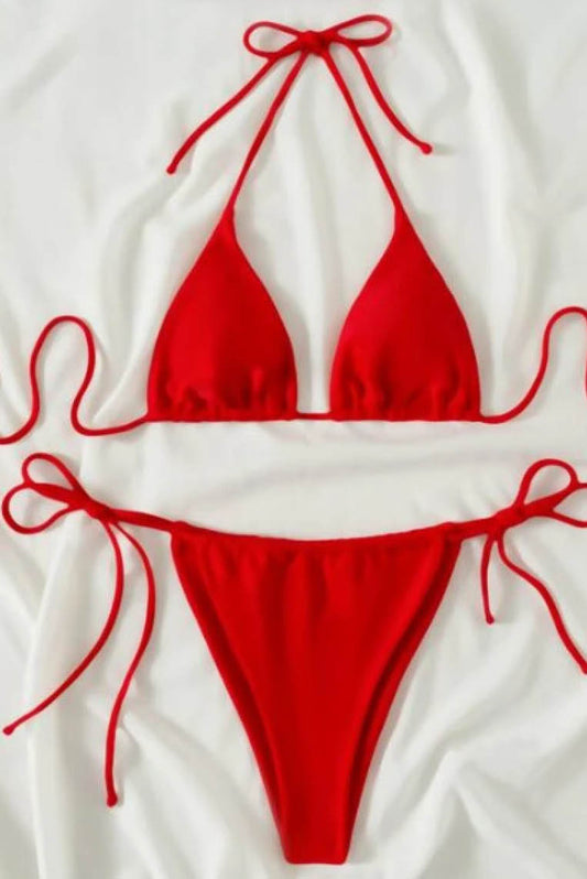清凉纯色绑带比基尼