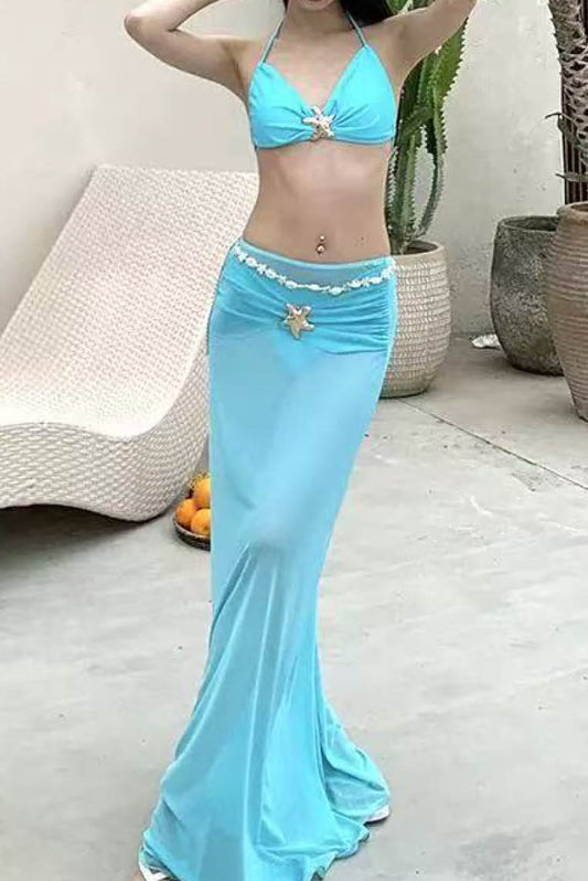 海洋湖蓝网纱长裙比基尼