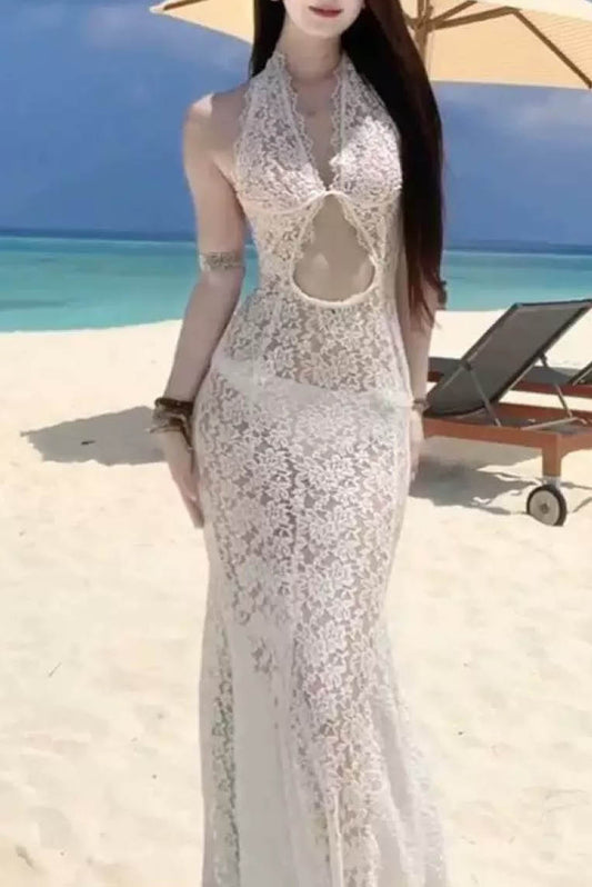 法式蕾丝深V鱼尾裙