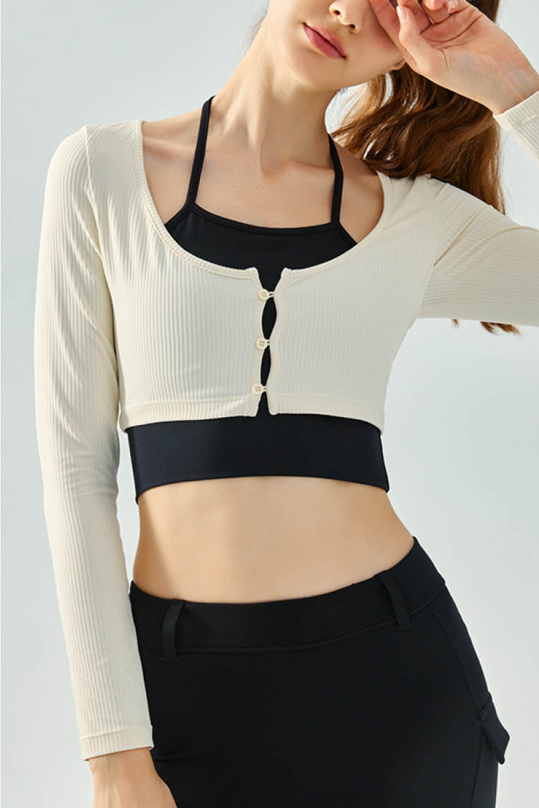 拼色纽扣假两件瑜伽长袖