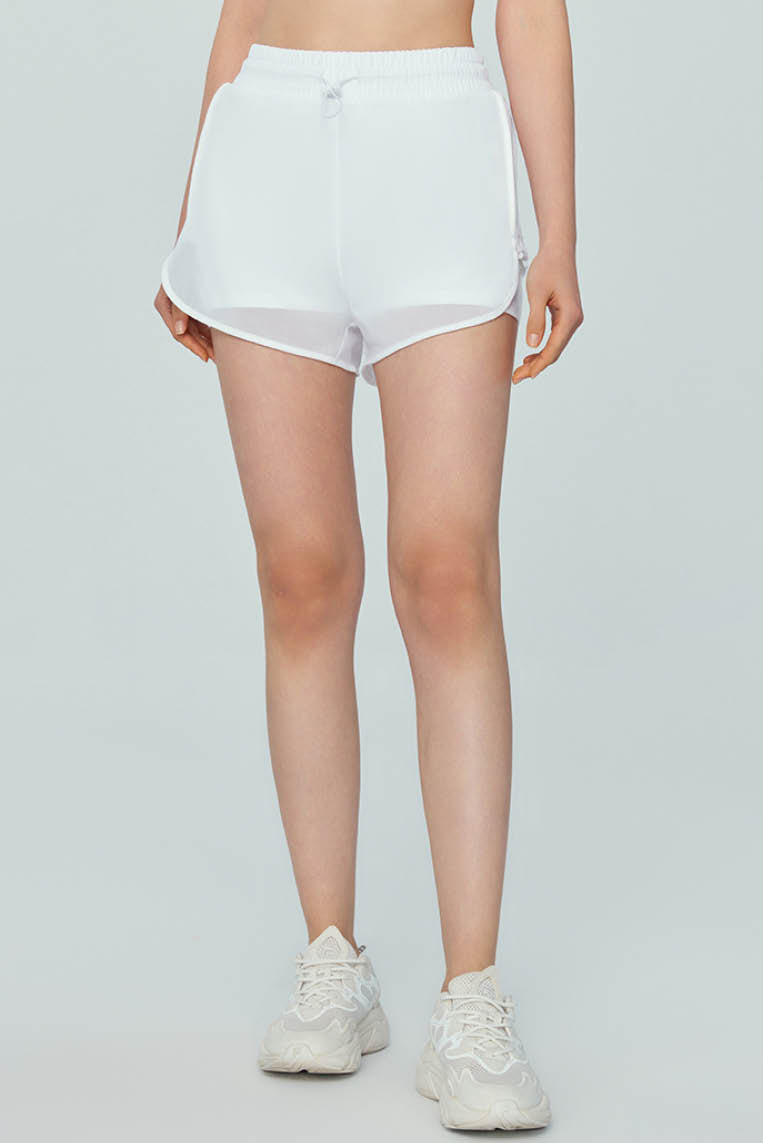 抽绳收腹网纱假两件短裤