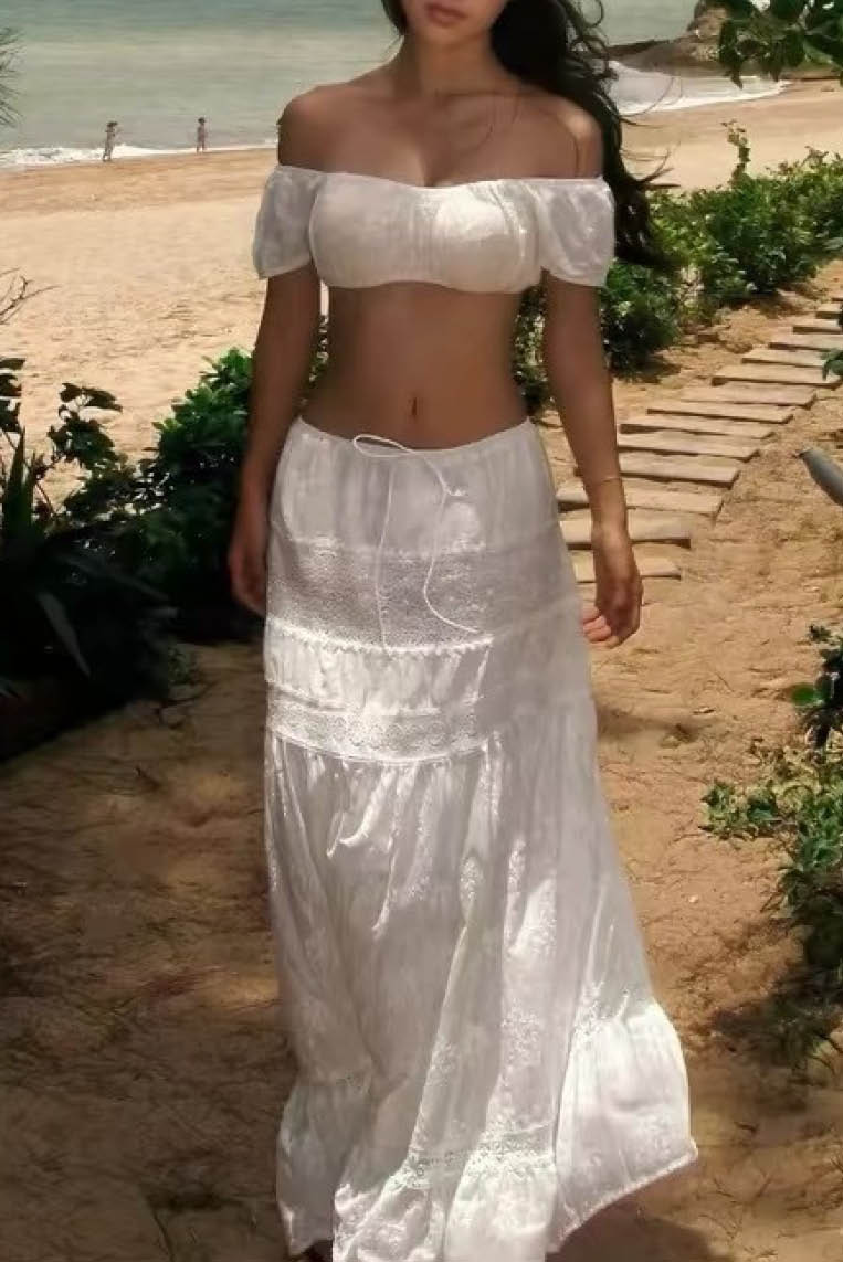 唯美一字肩两件式沙滩长裙  (only available online)