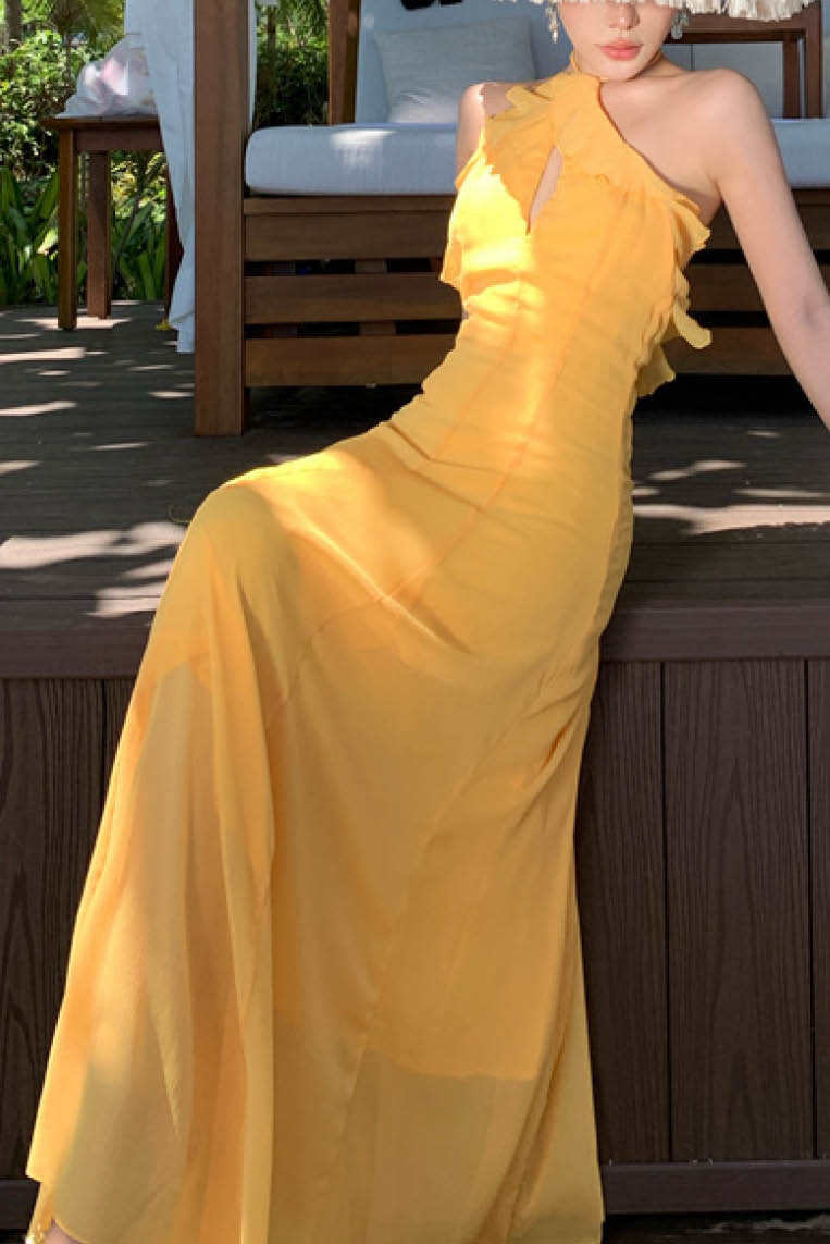 荷叶边镂空连衣长裙