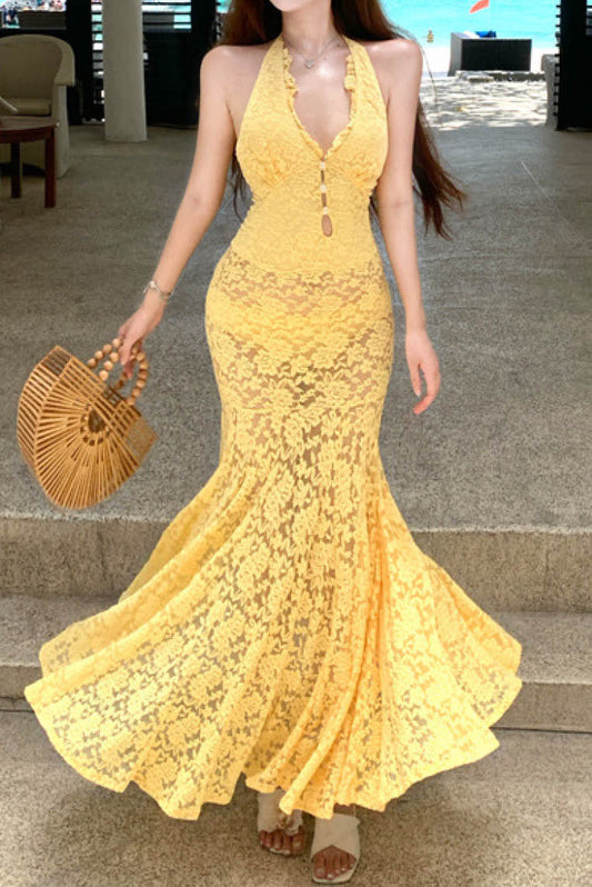 名媛蕾丝V领包臀长裙