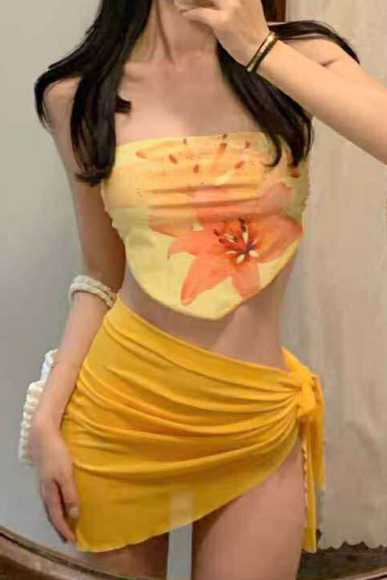 花绘抹胸裹裙三件套比基尼