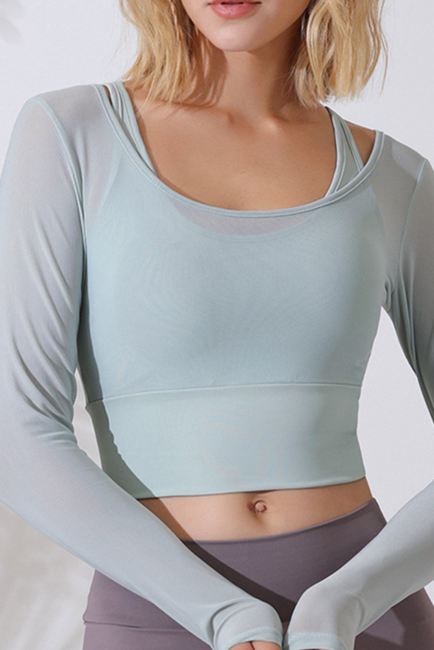 网纱假两件瑜伽长袖