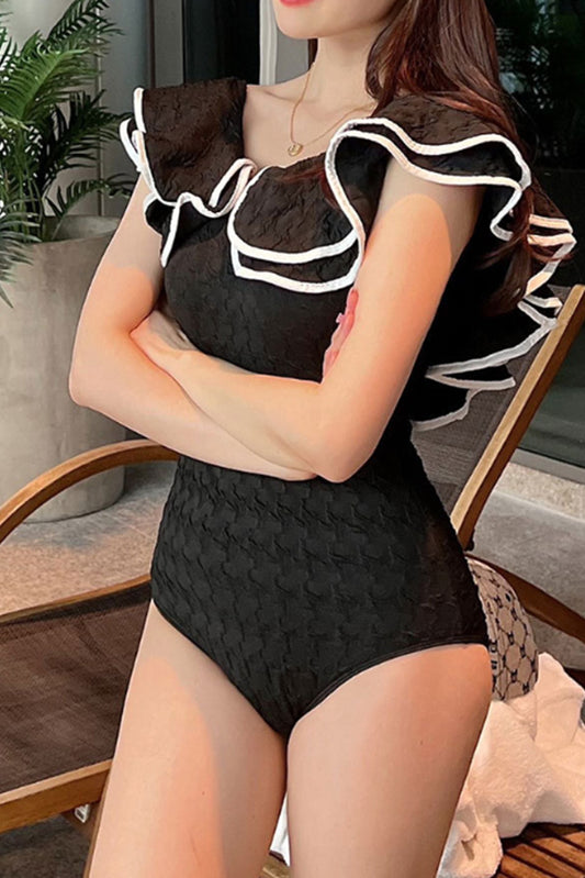 大V领荷叶边泳衣