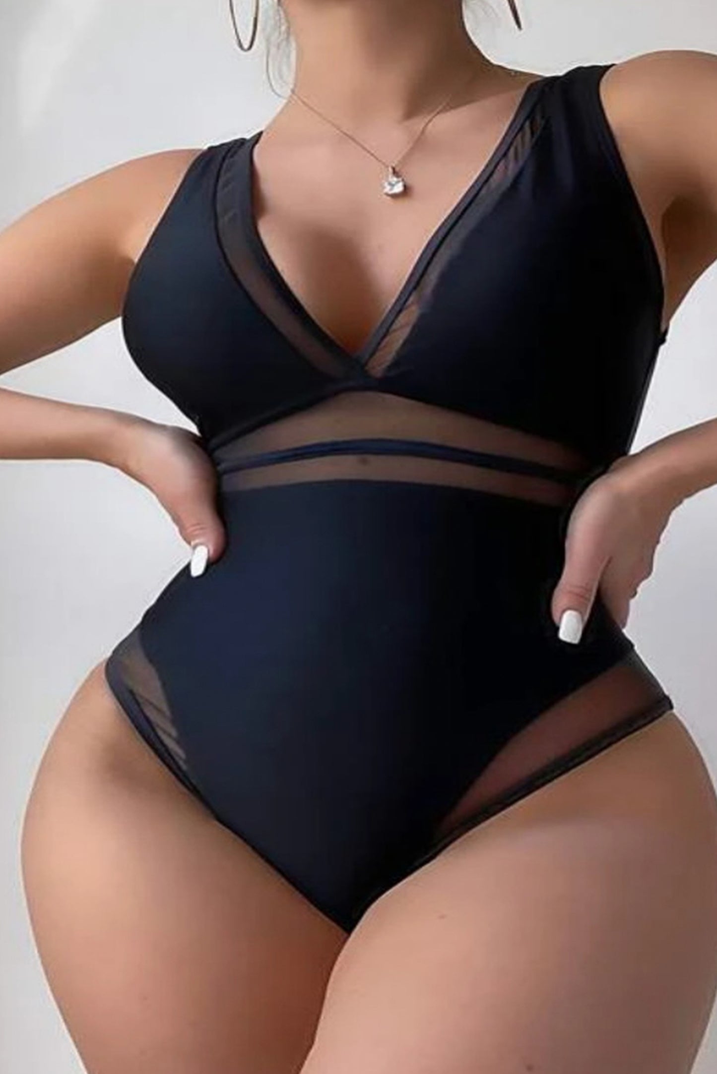 新款拼纱高叉连体泳衣