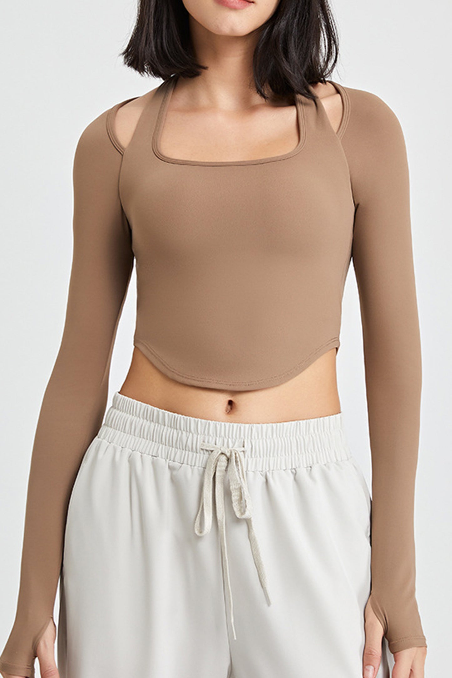 挂脖带胸垫指套长袖