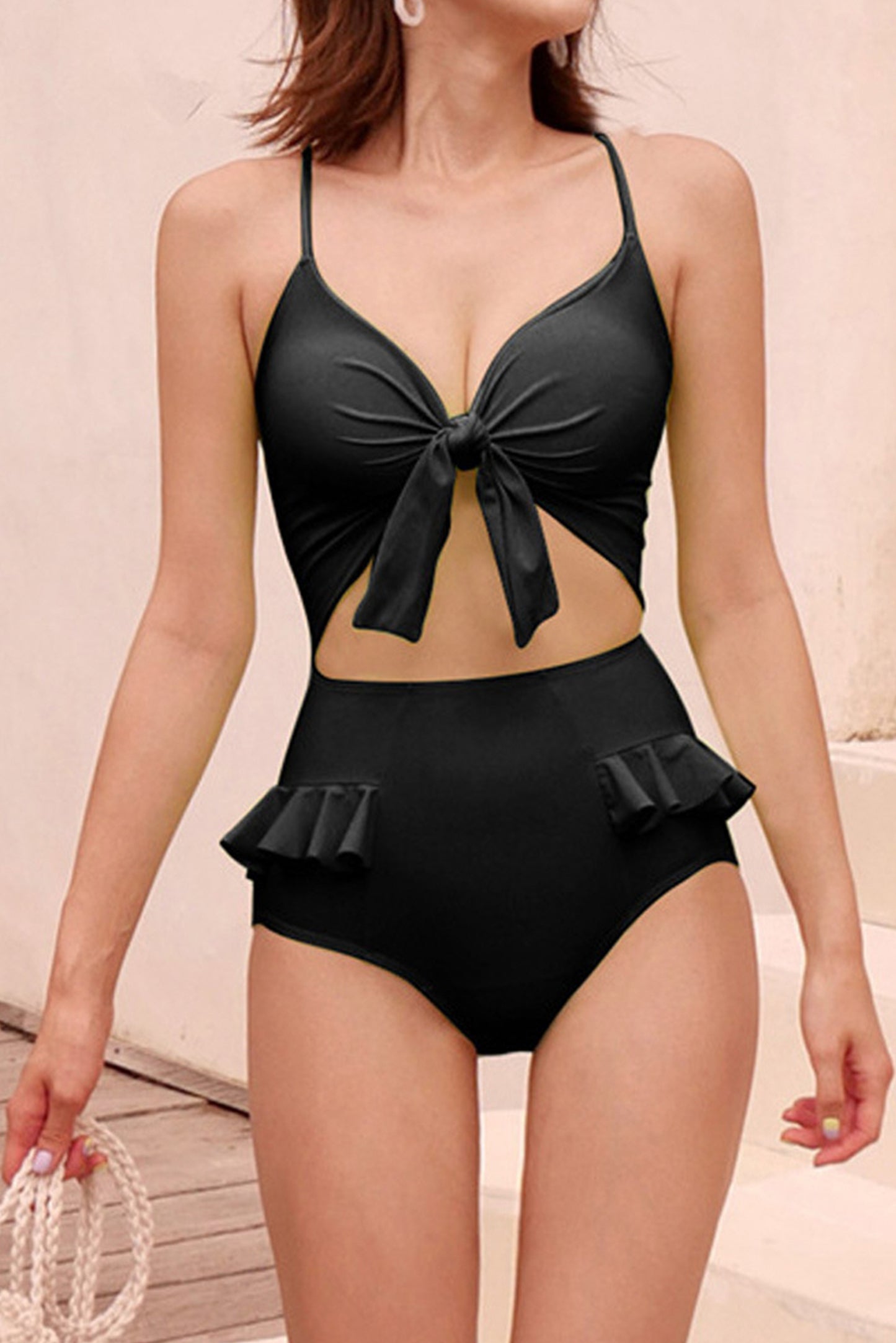 聚拢高腰连体泳衣