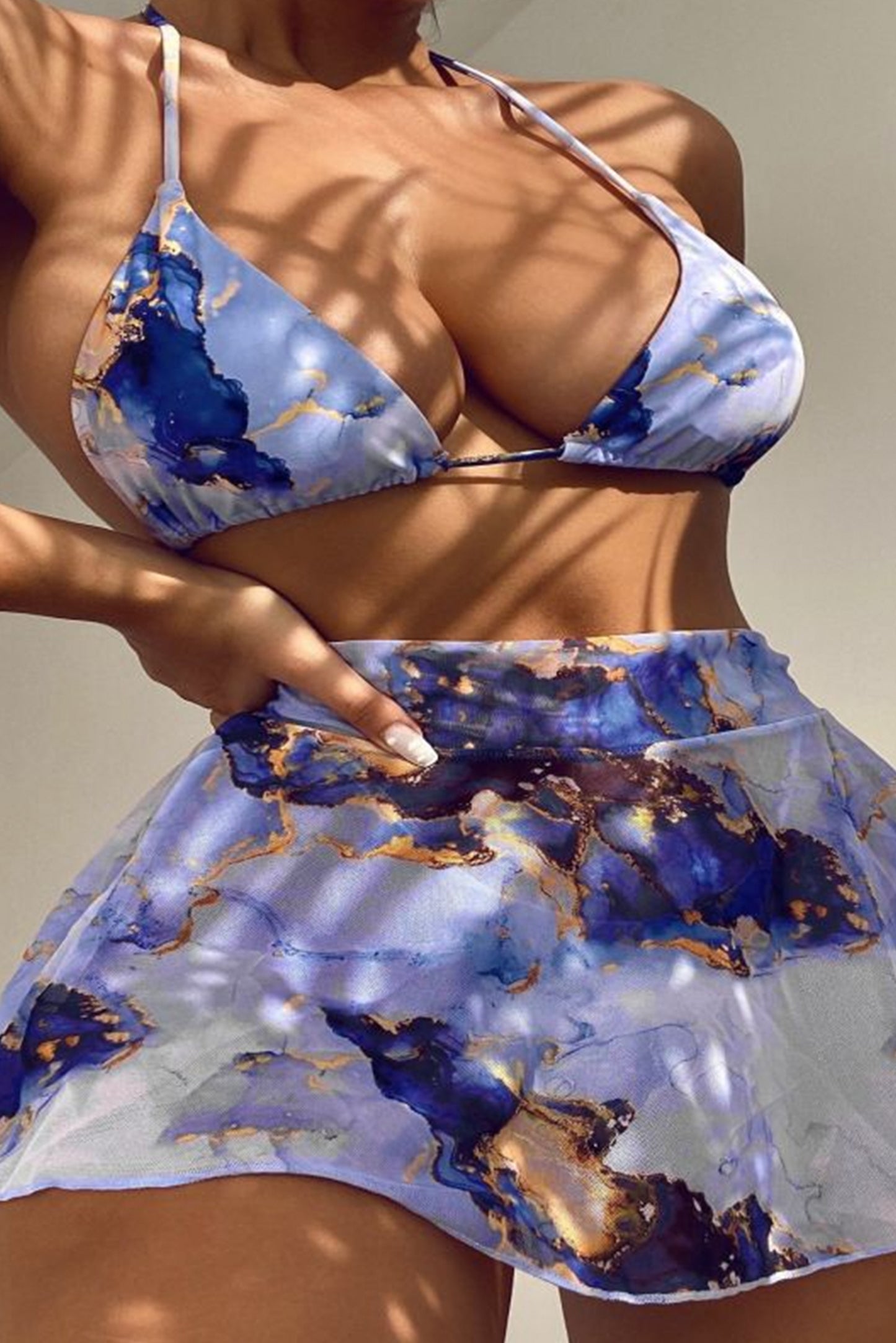 碎花网纱短裙比基尼三件套