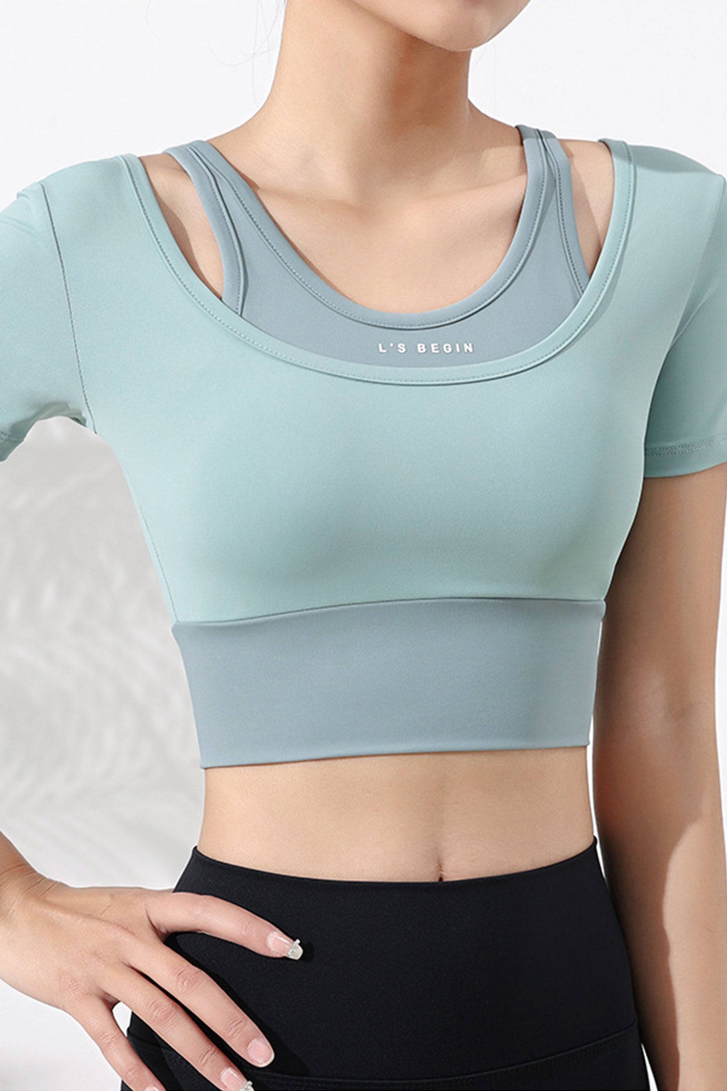 拼色带胸垫短袖瑜伽服