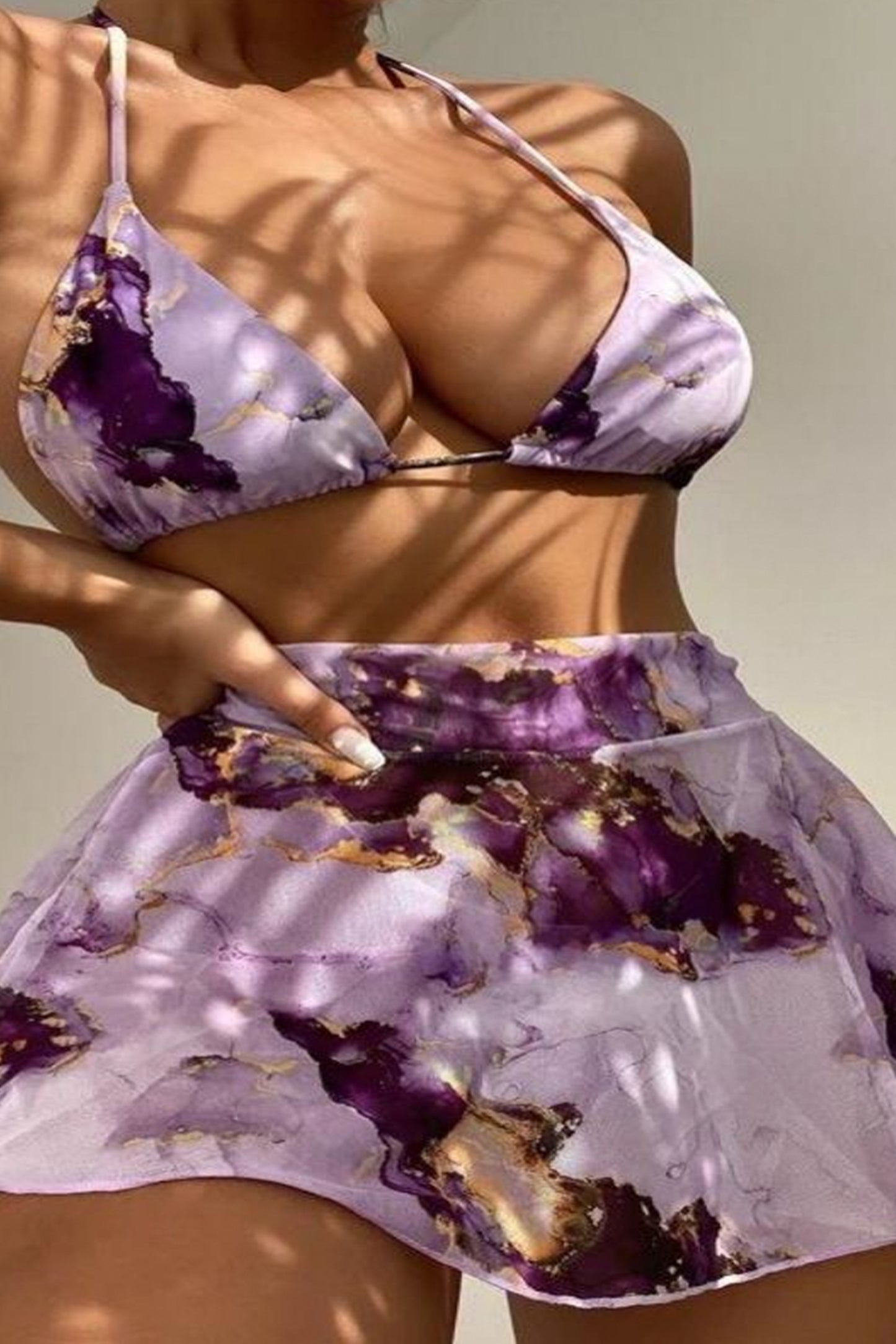 碎花网纱短裙比基尼三件套