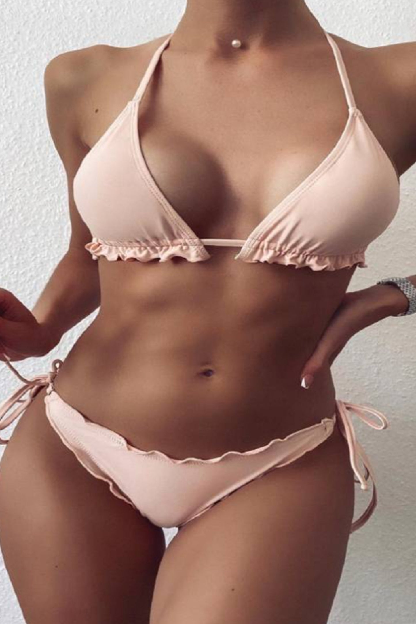 俏皮花边纯色系绳比基尼