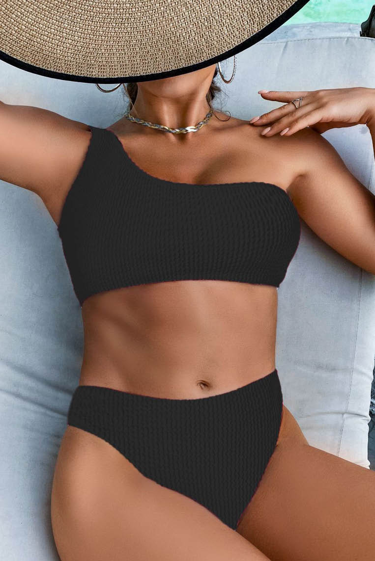 单肩高腰bikini泳衣