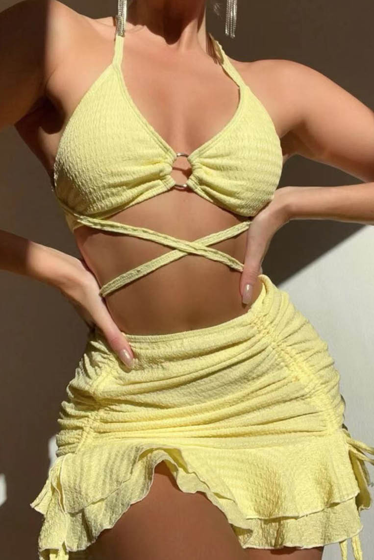 夏日水波纹比基尼性感三件套