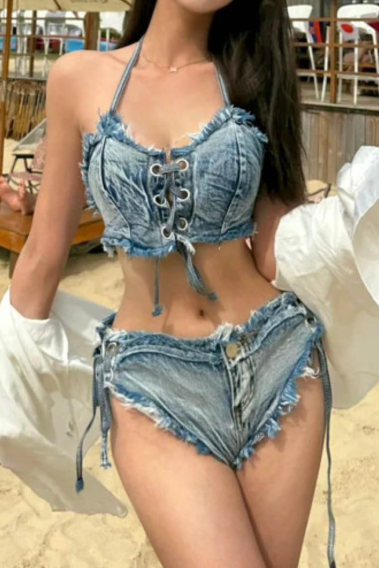 辣妹复古牛仔三点式