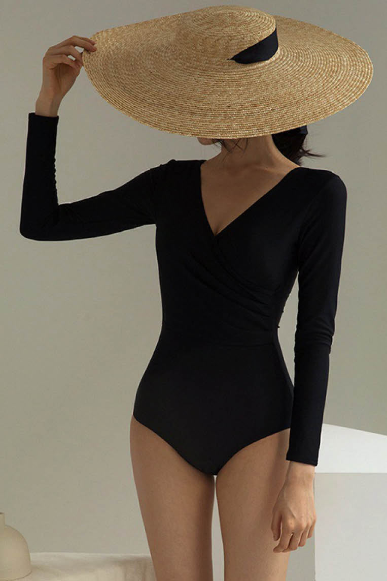 遮肚交叉长袖一件式泳衣