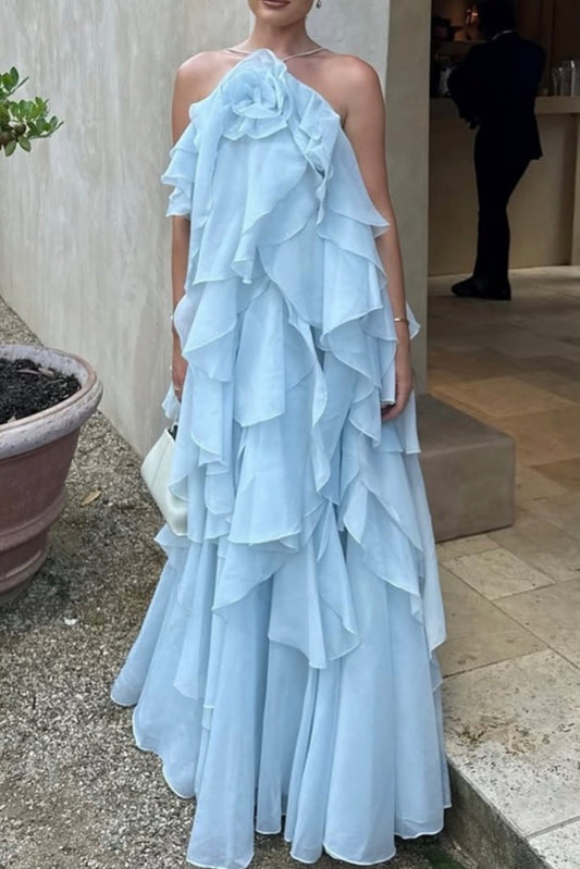 度假花朵挂脖露背长裙