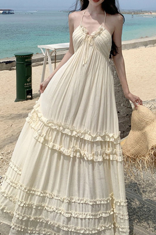 法式蝴蝶结挂脖连衣裙