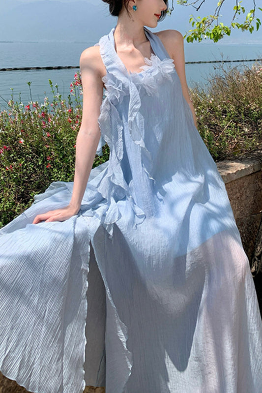 挂脖立体花朵度假裙