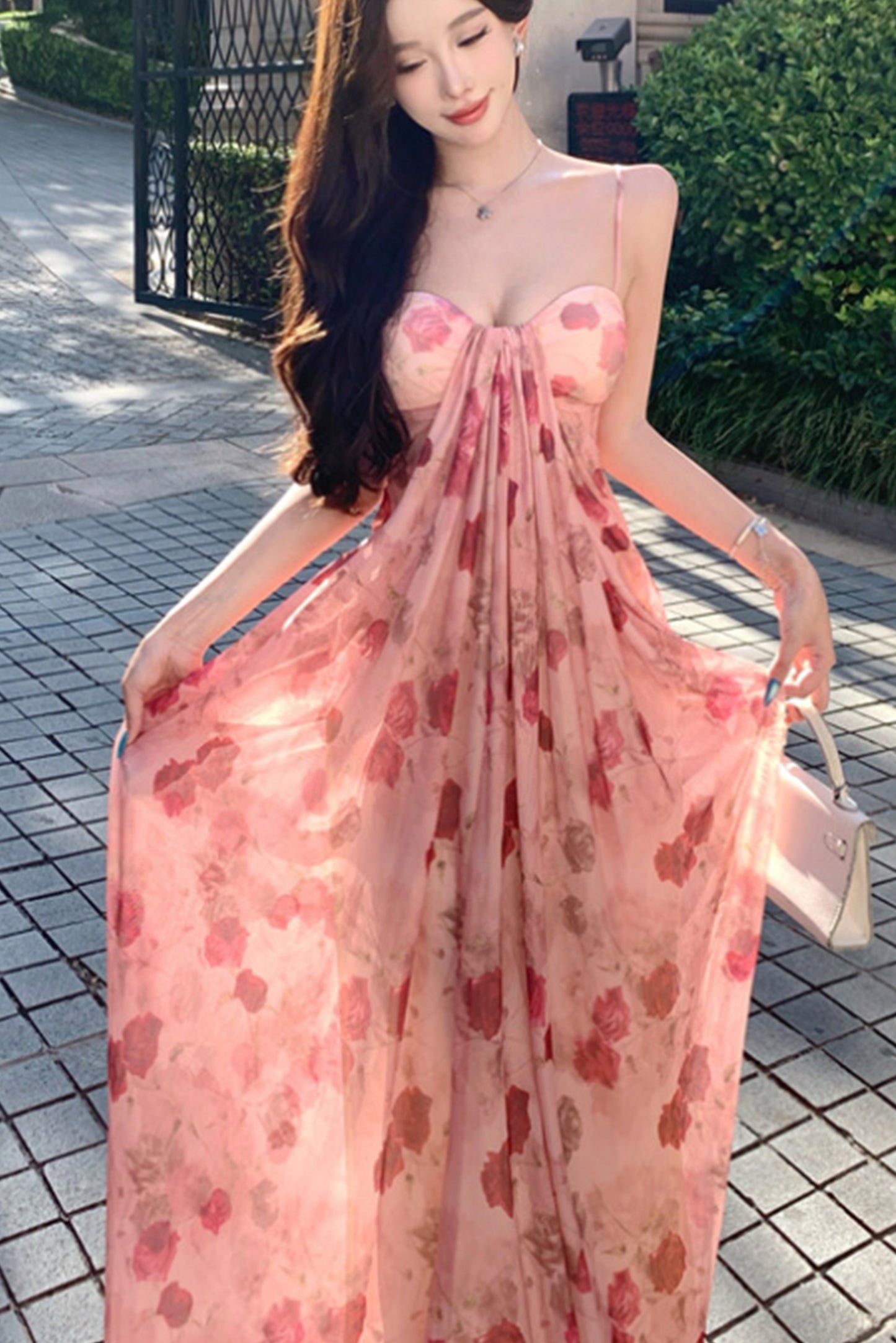 玫瑰气质扎染抹胸连衣裙