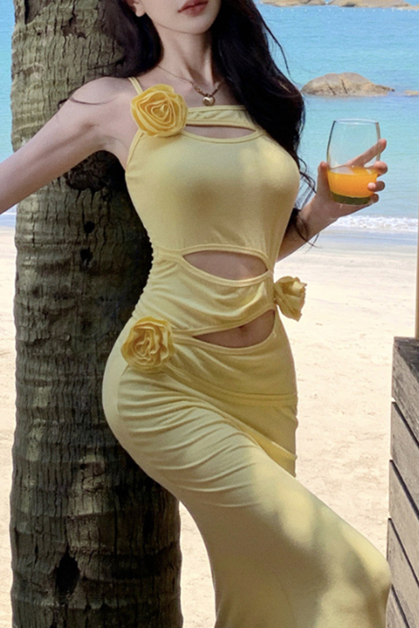 鹅黄色收腰显瘦中长裙