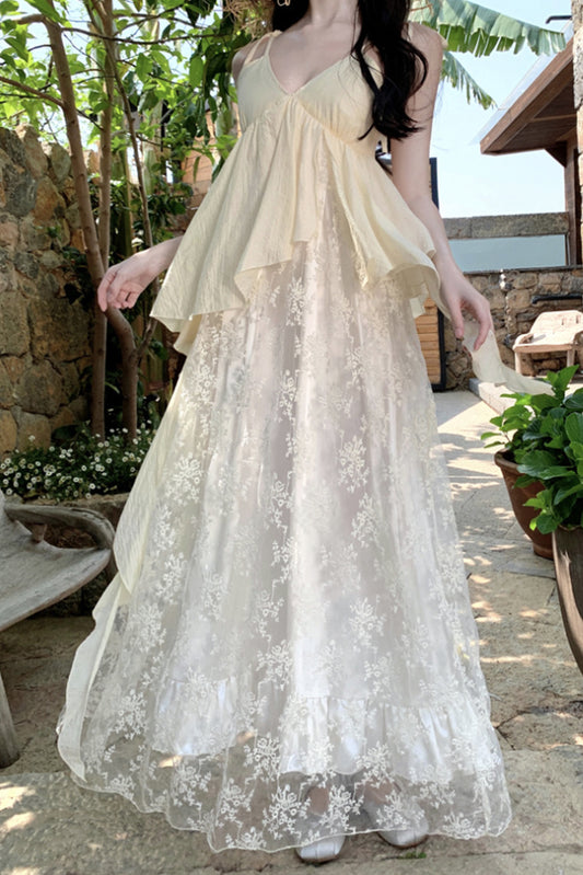 刺绣吊带蕾丝拼接长裙