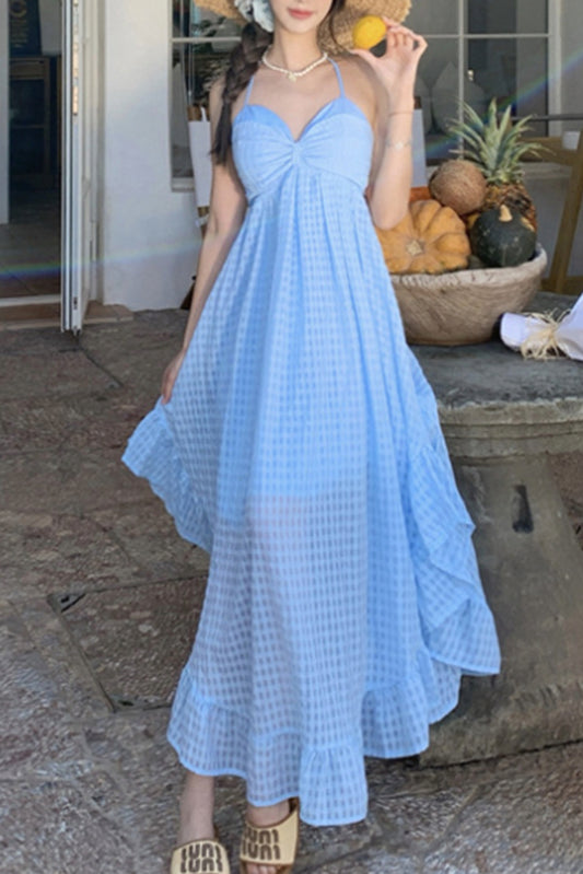 蓝色露背长裙
