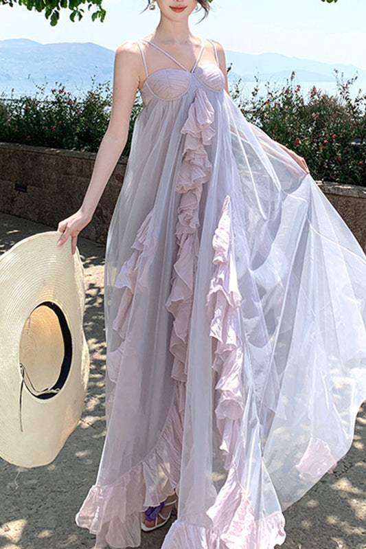 荷叶边雪纺度假网纱吊带裙