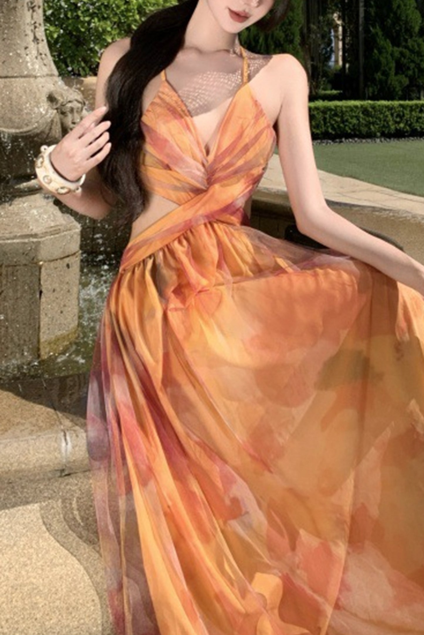 橘色印花度假裙