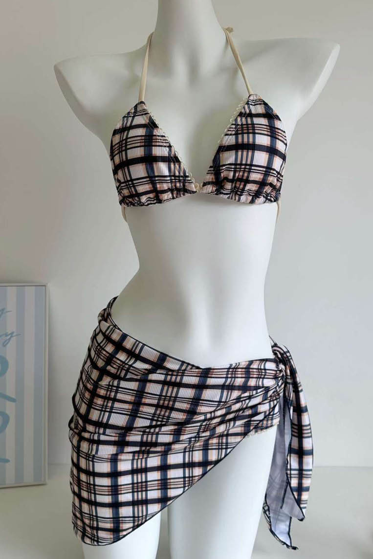 明星同款格子比基尼三件套