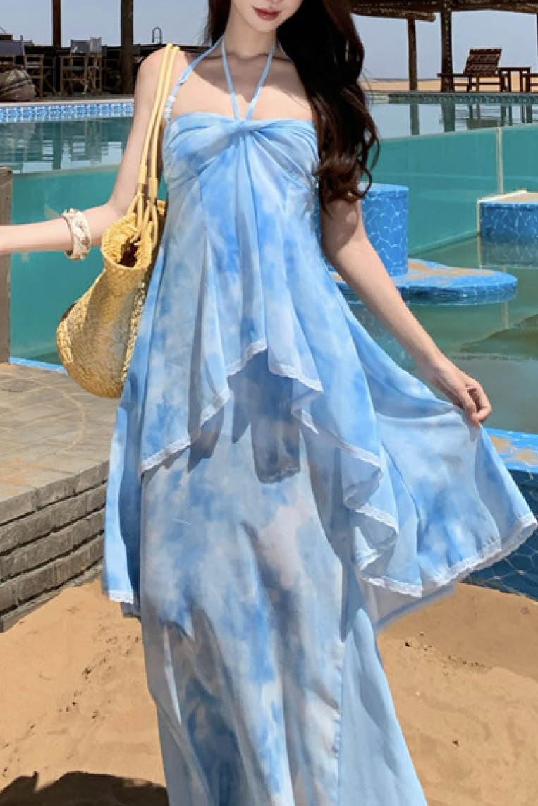 雪纺印花挂脖露背长裙