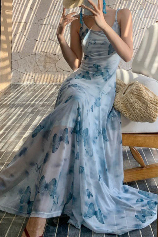 蝴蝶网纱垂感吊带长裙