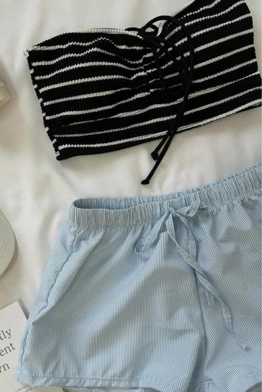 Line-Design Halter Bandeau + Shorts 3-Piece Set (Only Available Online)