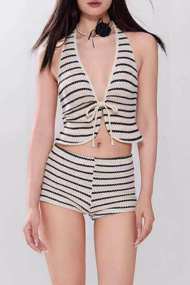 针织条纹性感两件式泳衣 (only available online)