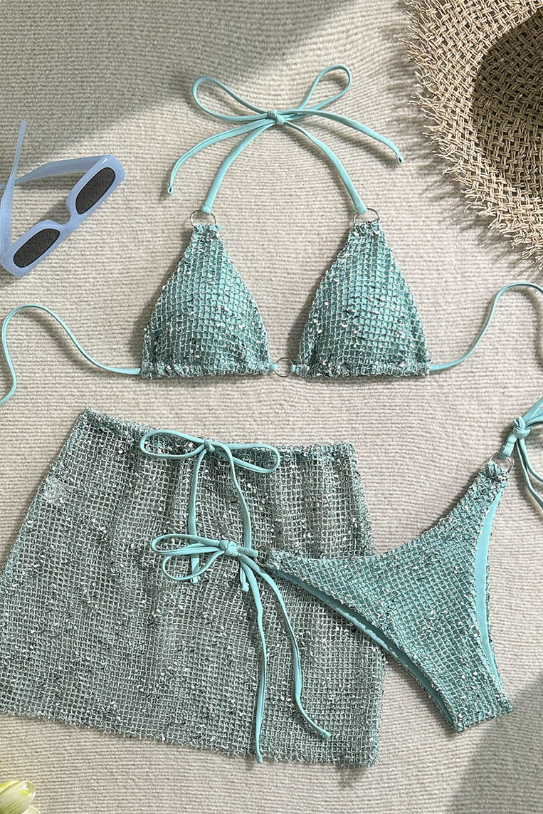 棉麻网纱三件套bikini