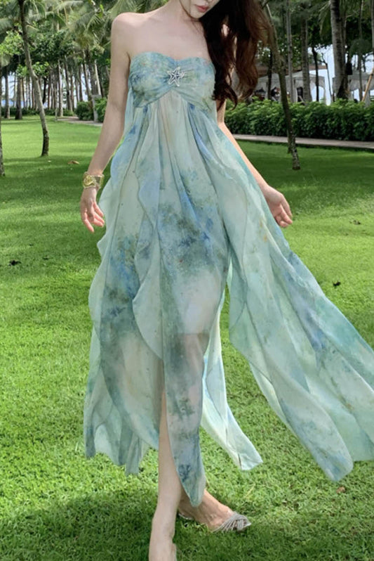 不规则晕染吊带沙滩裙