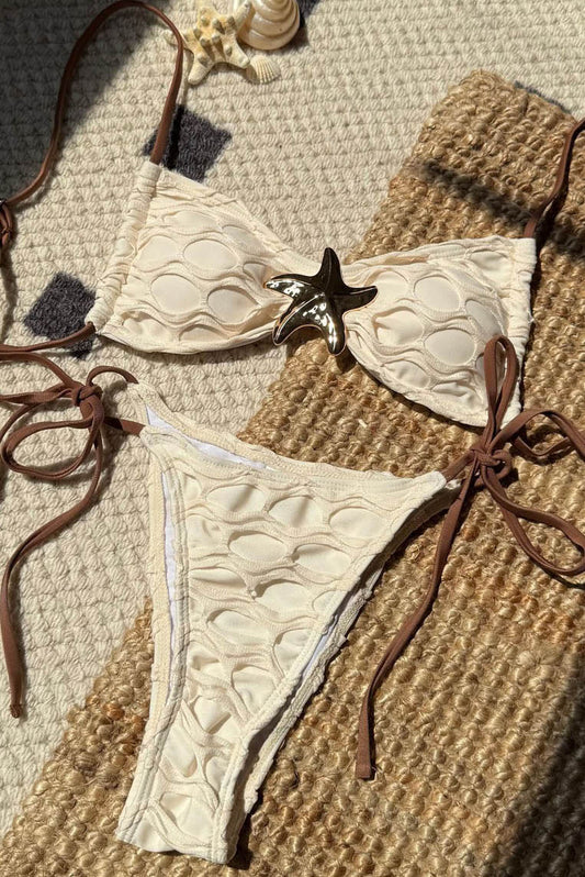 露背网布拼接抽绳bikini（only available online）
