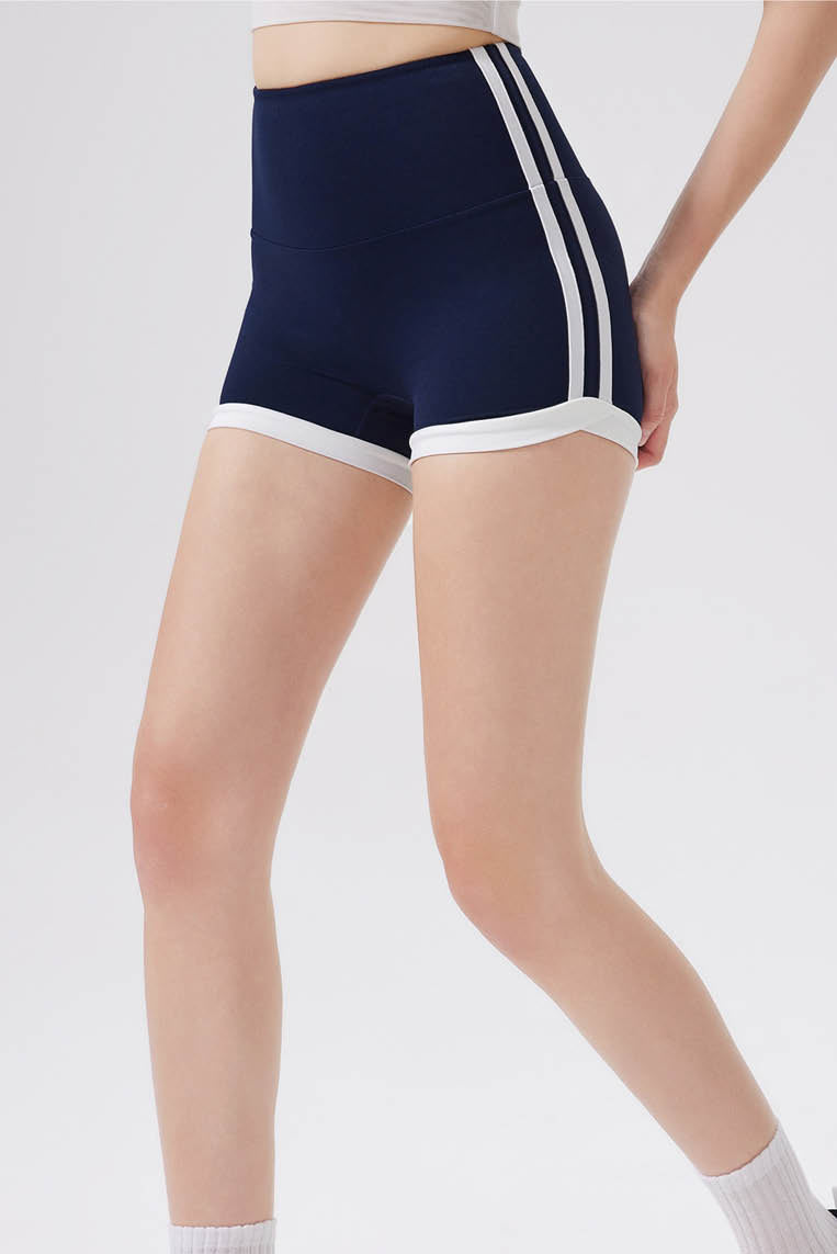 双条纹拼色高腰短裤