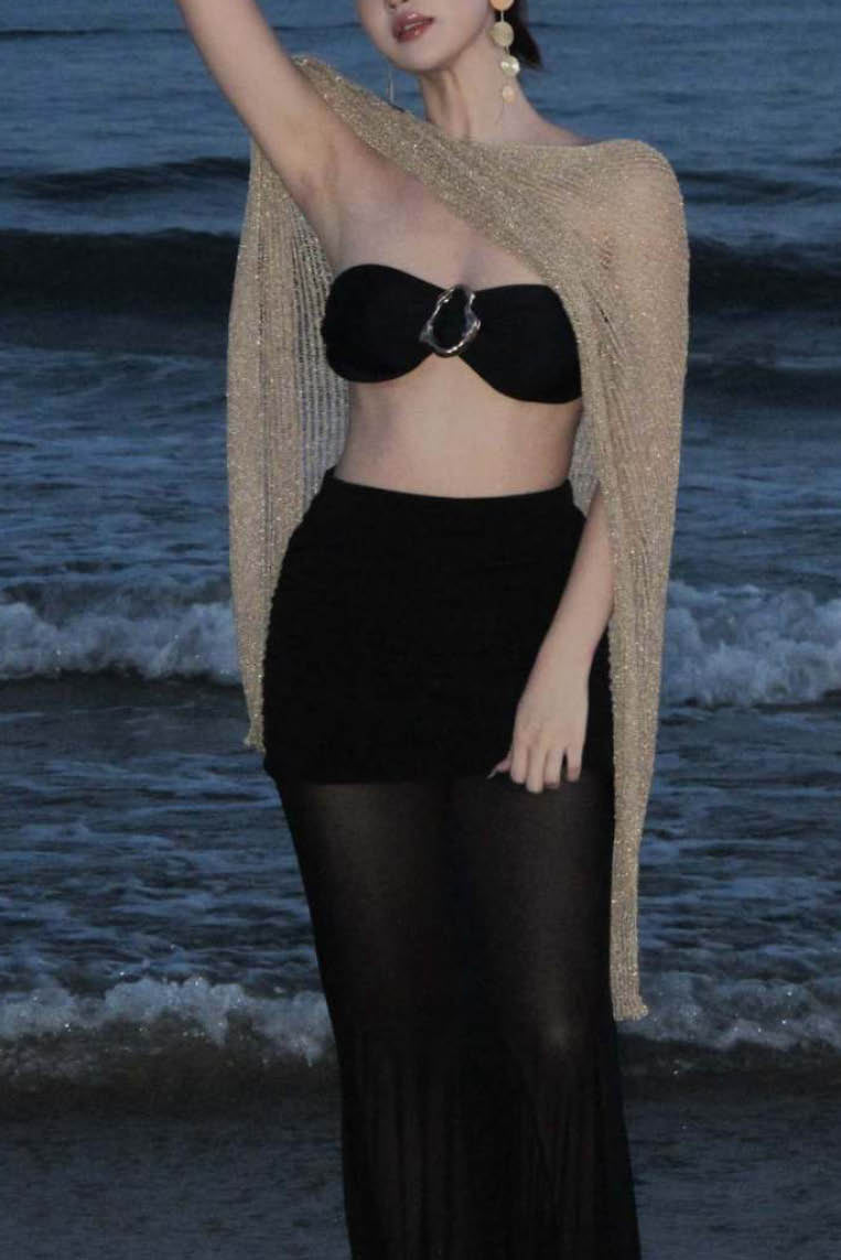 金色针织披肩罩衫+比基尼长裙(三件套) (only available online)