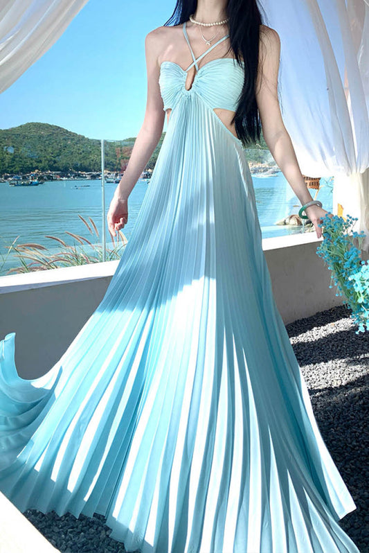 法式镂空性感褶皱度假长裙