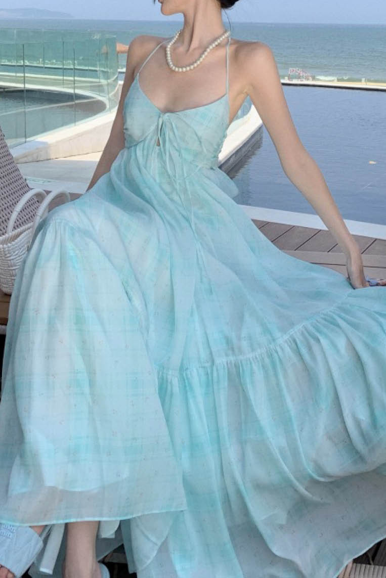 薄荷绿格子沙滩长裙（无胸垫）