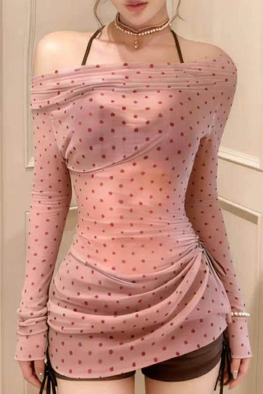 波点雪纺露肩比基尼三件套